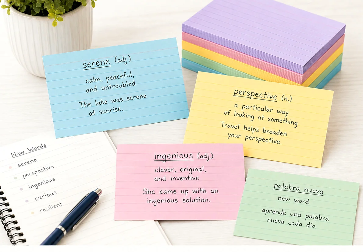 Vocabulary words on Koogel index cards
