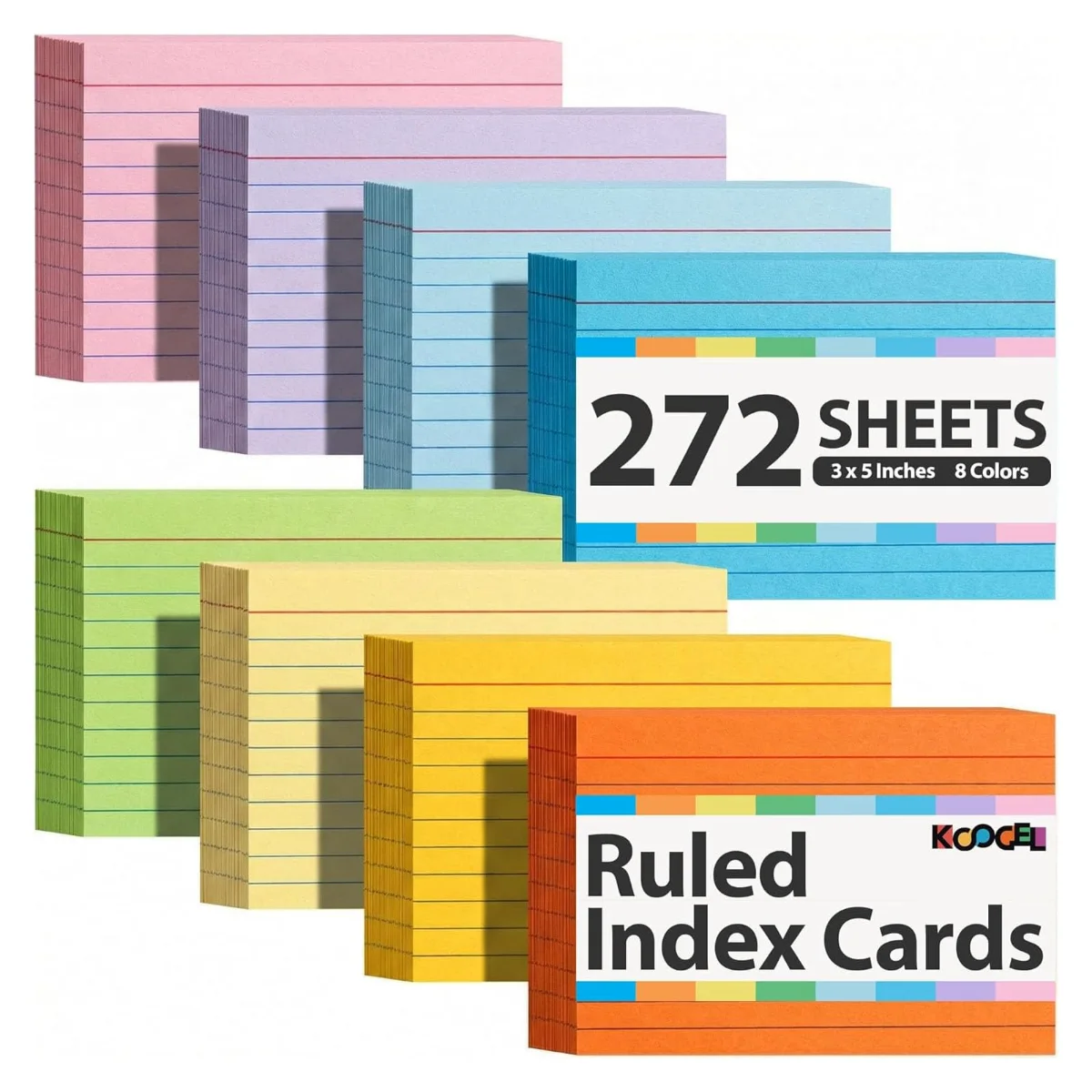 Koogel Colored Ruled Index Cards 3 x 5, 272 Count