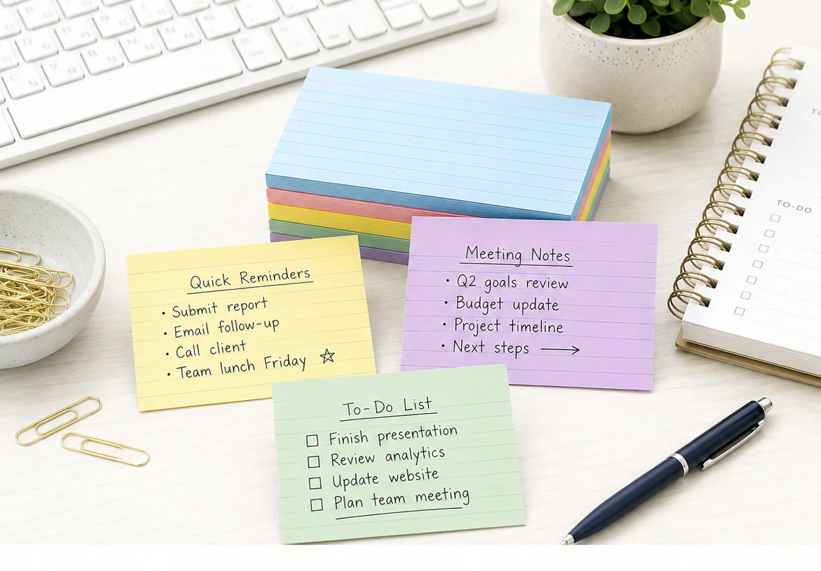 Colored Koogel index cards with office notes, binder clips and a pen.