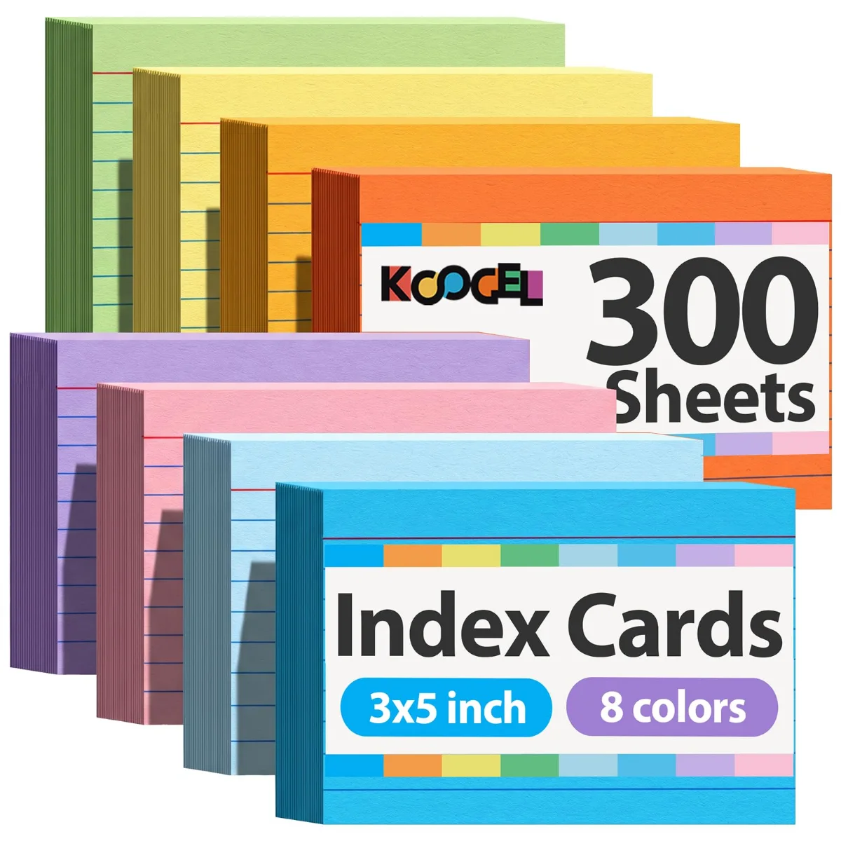Koogel Colored Ruled Index Cards 3 x 5, Bulk