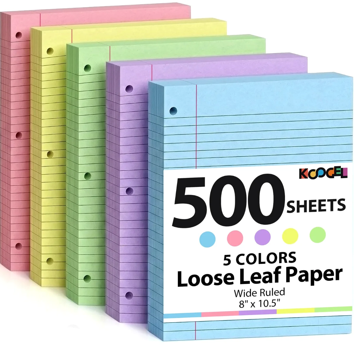 Koogel Colored Filler Paper, Wide Ruled, 5 Colors