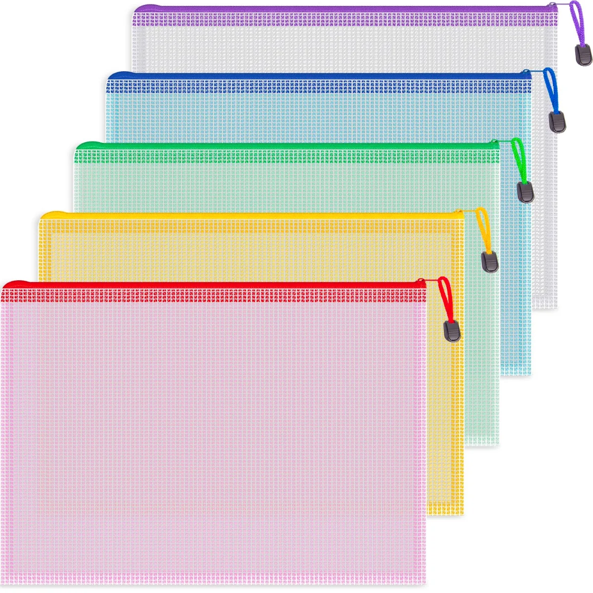 Koogel A4 Mesh Zipper Pouches, 5 Colors