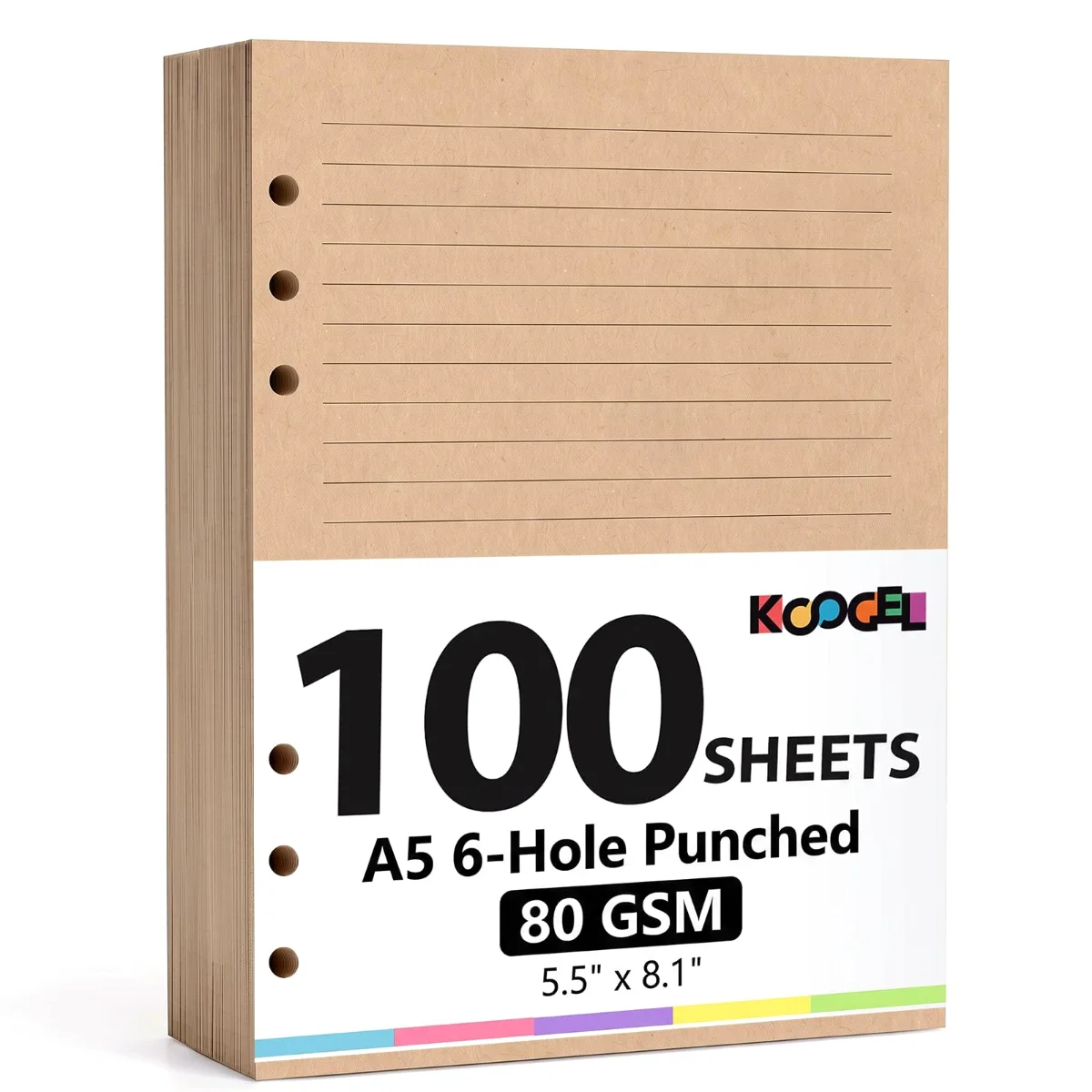 Koogel A5 Loose-Leaf Paper, 6-Hole, College Ruled