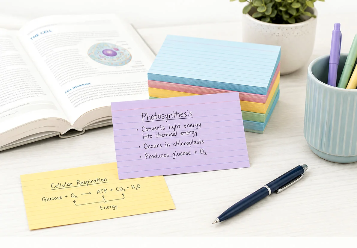 Colored Koogel index cards with study notes beside an open textbook.