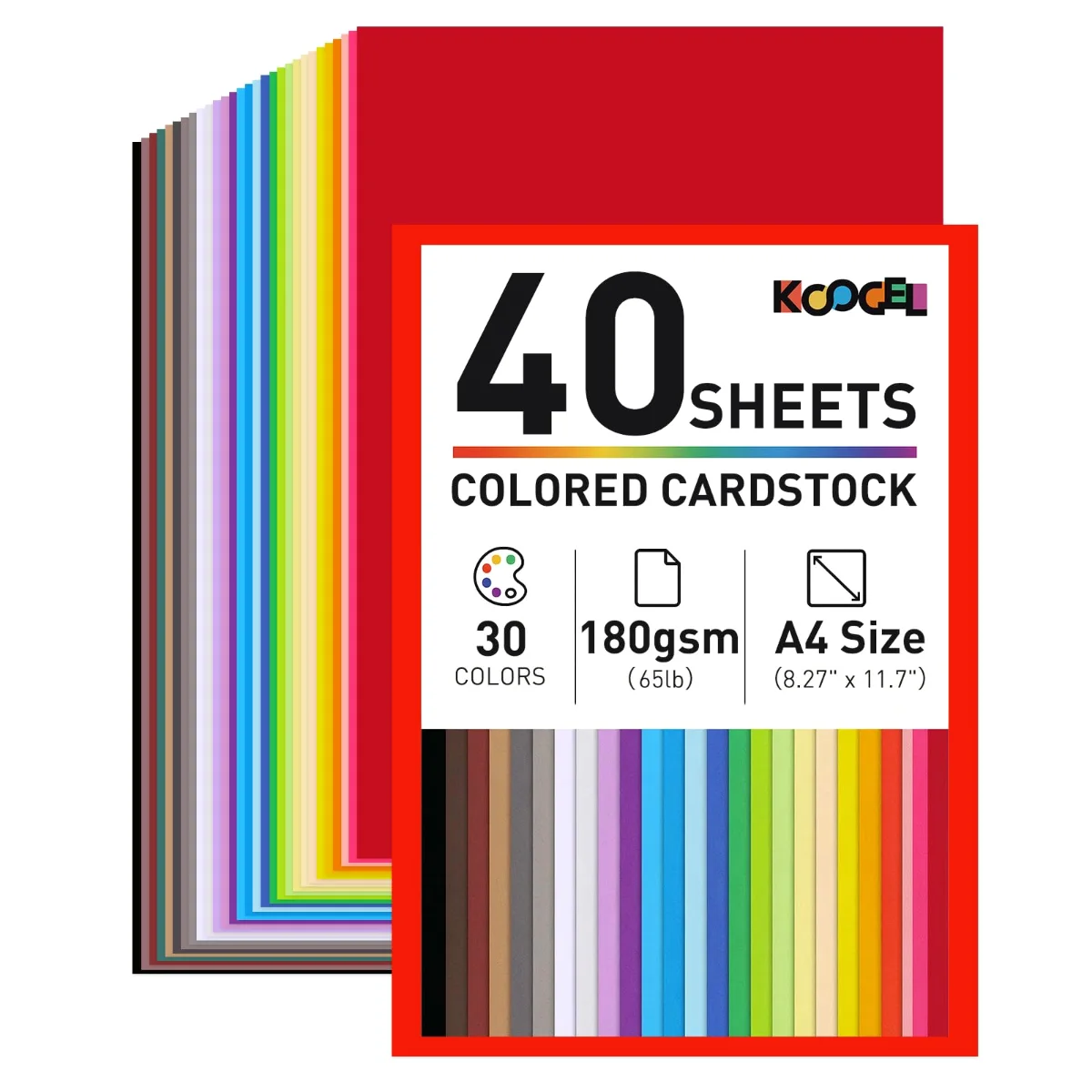 Koogel A4 Colored Cardstock, 180gsm, 30 Colors