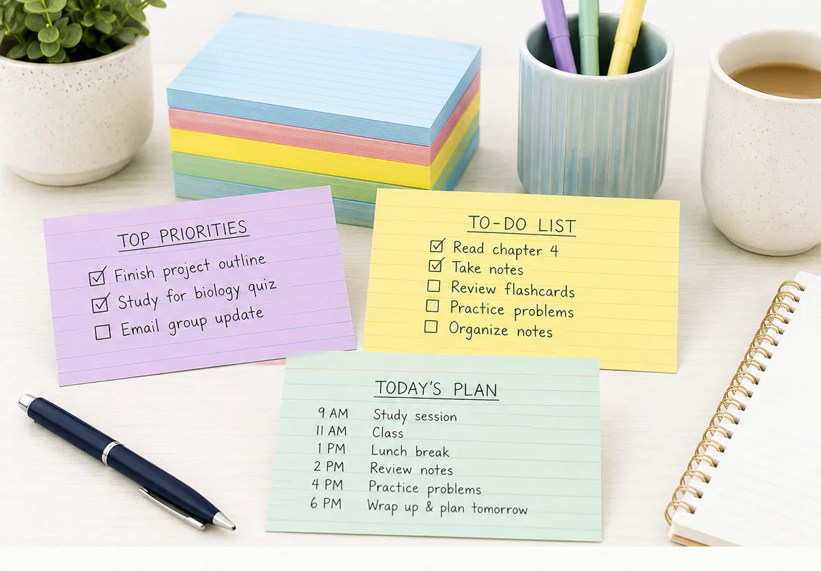 Colored Koogel index cards with study plans and to-do lists on a desk