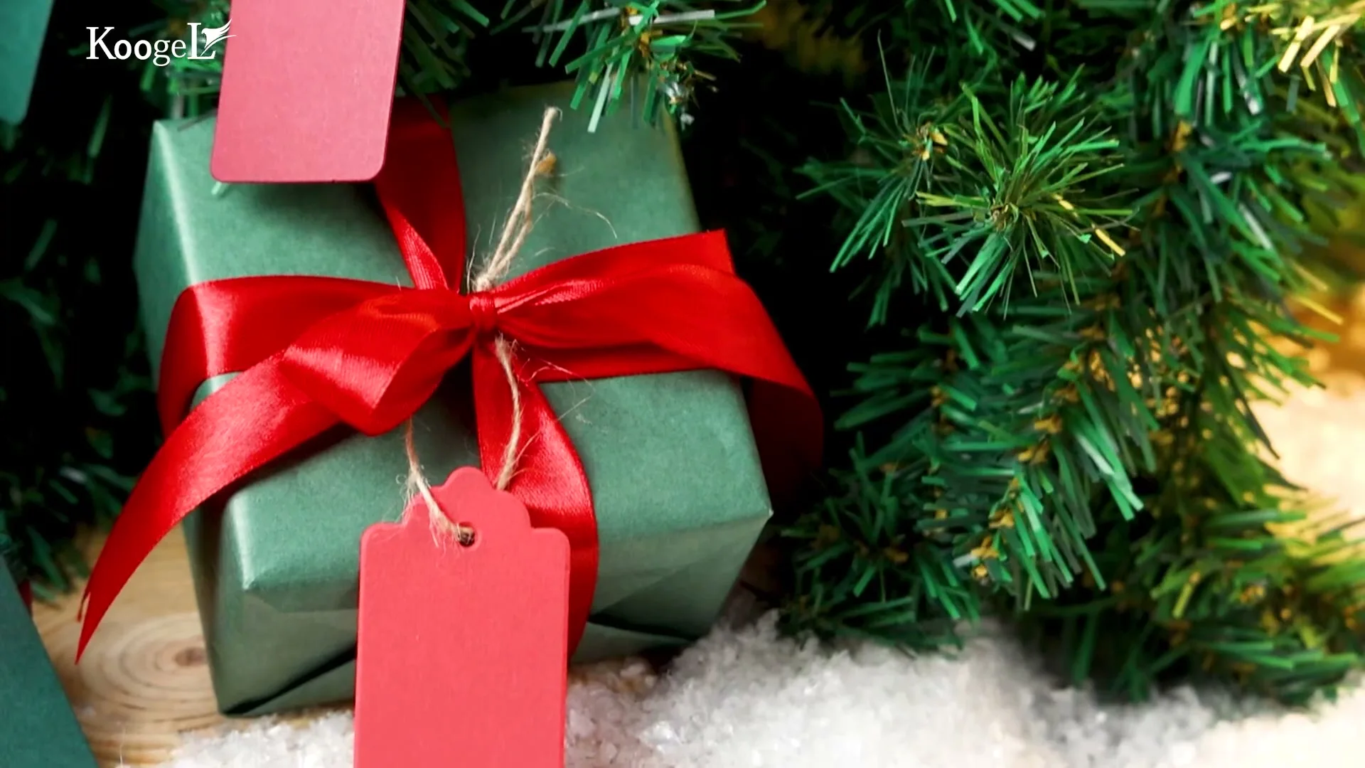 A green gift box tied with red ribbon and a red tag, set under a Christmas tree.