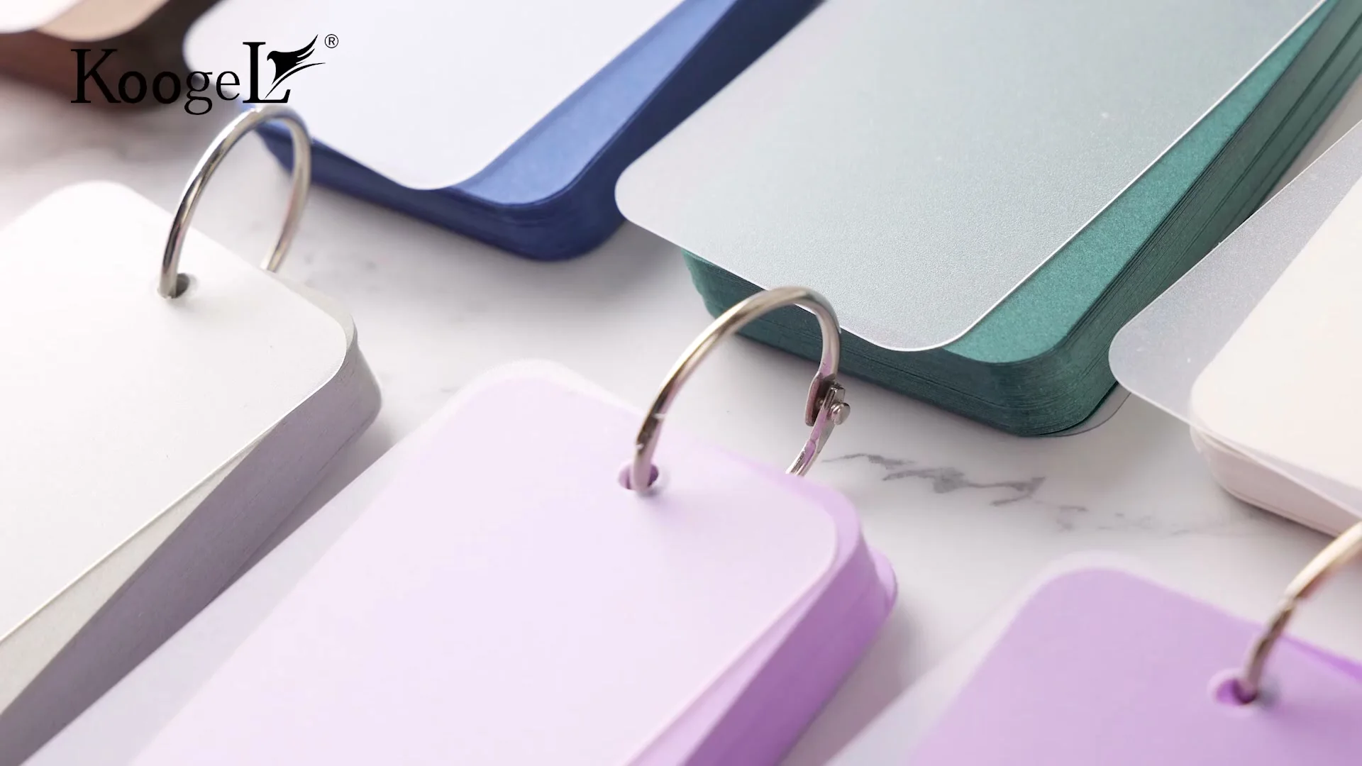 Koogel ring-bound index card sets in pastel colors