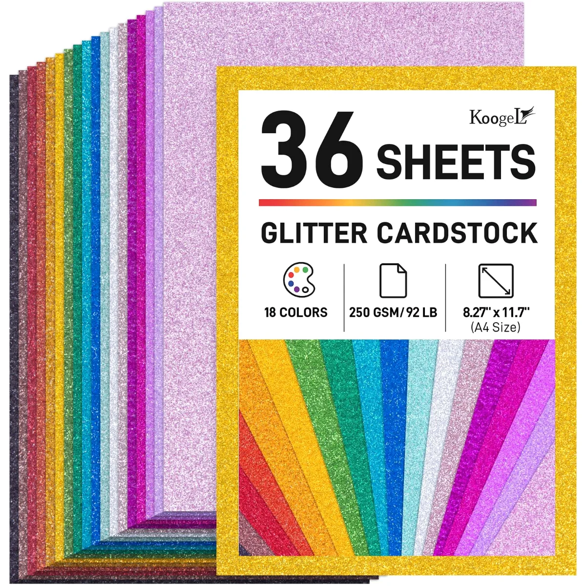 Koogel A4 Glitter Cardstock, 250gsm, 18 Colors